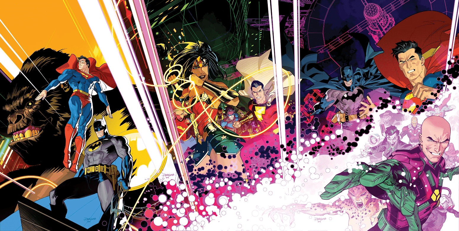 A vibrant comic book illustration featuring the Justice League, showcasing iconic superheroes in dynamic action poses.