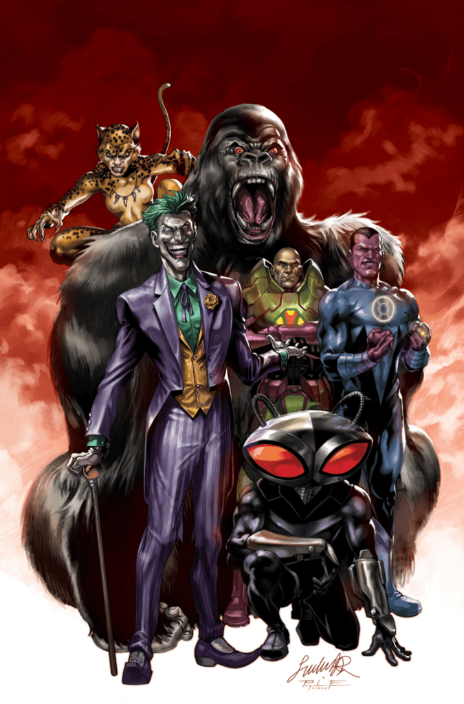 Batman and his allies pose confidently against a vibrant red background, showcasing their unity and strength.