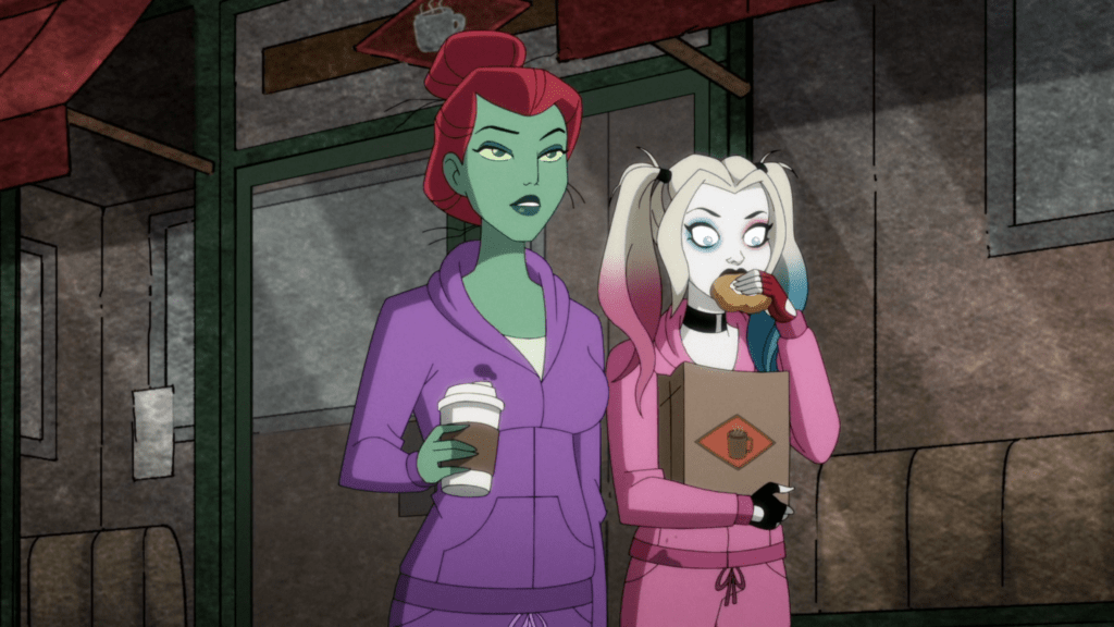 Harley Quinn and Joker from the animated series, showcasing their iconic styles and dynamic poses in a vibrant scene.