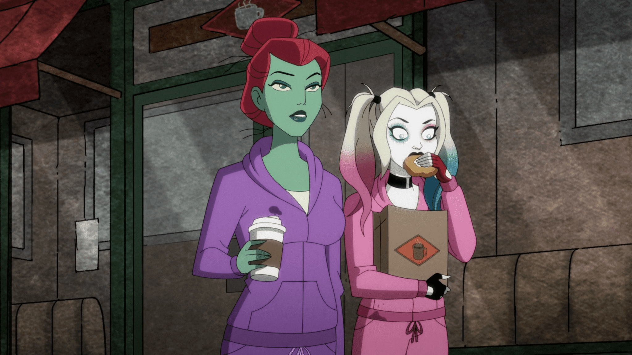 Harley Quinn and Joker from the animated series, showcasing their iconic styles and dynamic poses in a vibrant scene.