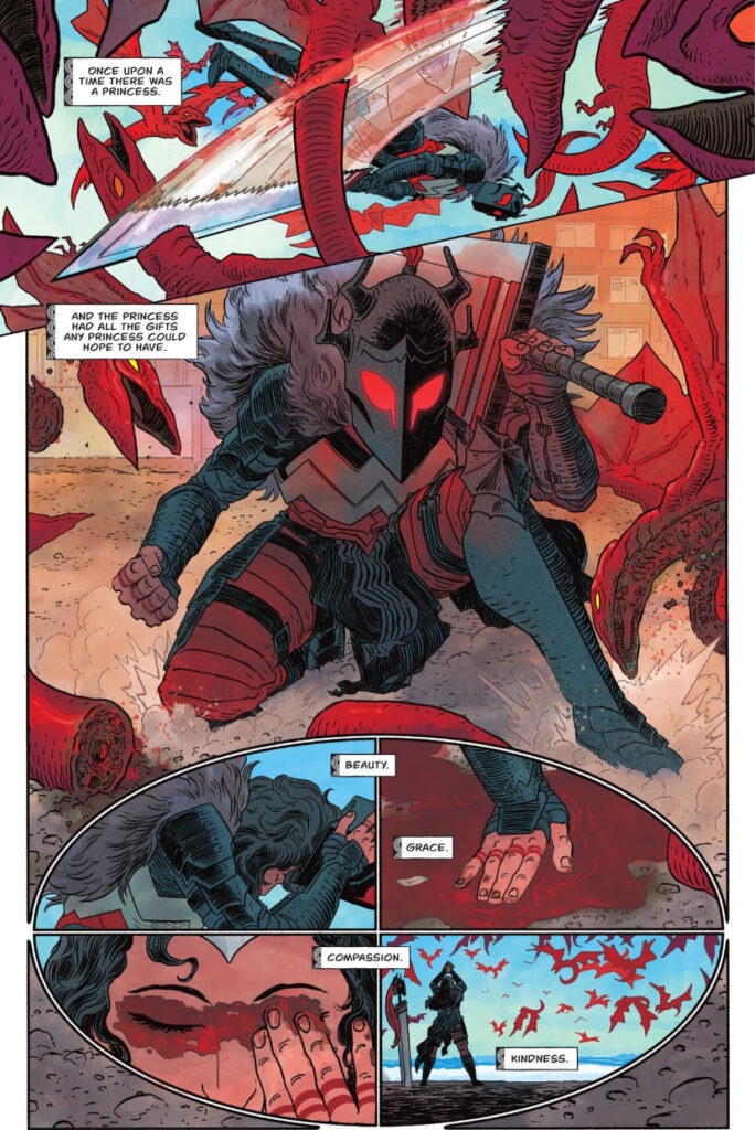 A comic page featuring a man in armor wielding a sword, showcasing action and adventure.