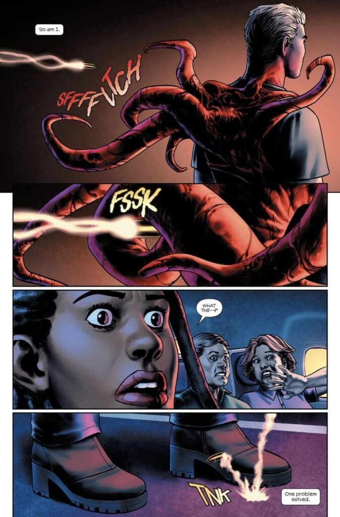 A comic page featuring a woman in a red dress interacting with a whimsical octopus.