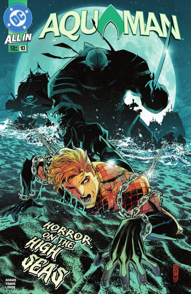 Aquaman #10 cover with Aquaman facing ghost pirates at sea