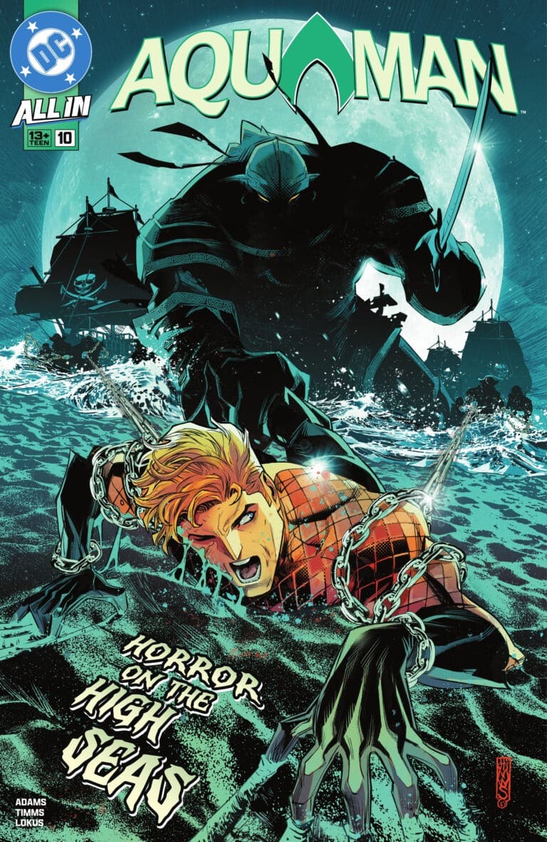 Aquaman #10 cover with Aquaman facing ghost pirates at sea