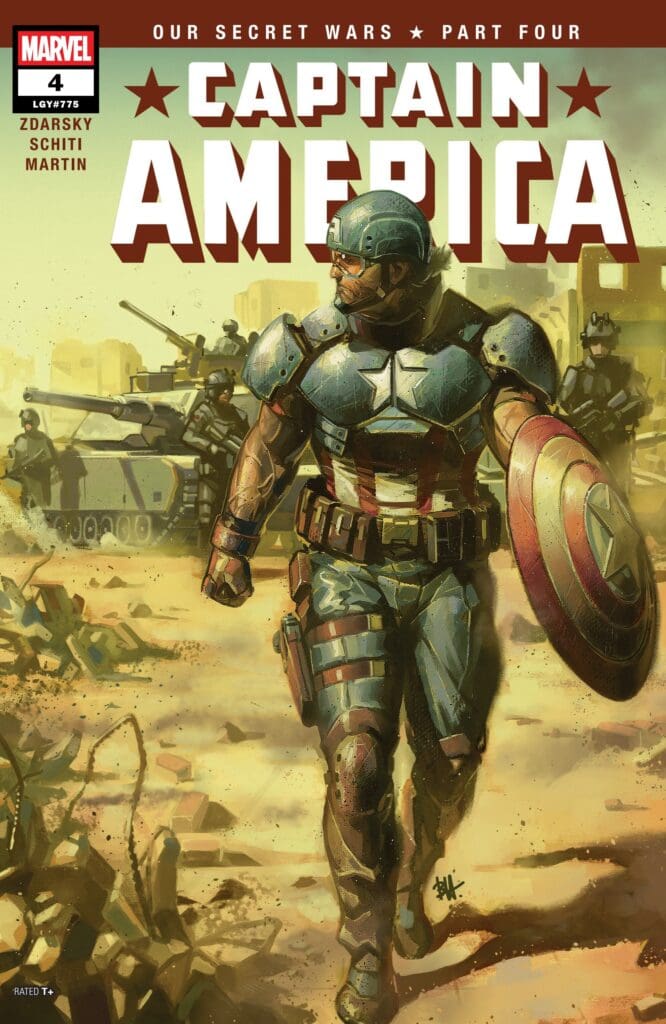 Captain America #4 walking through a battlefield with his shield