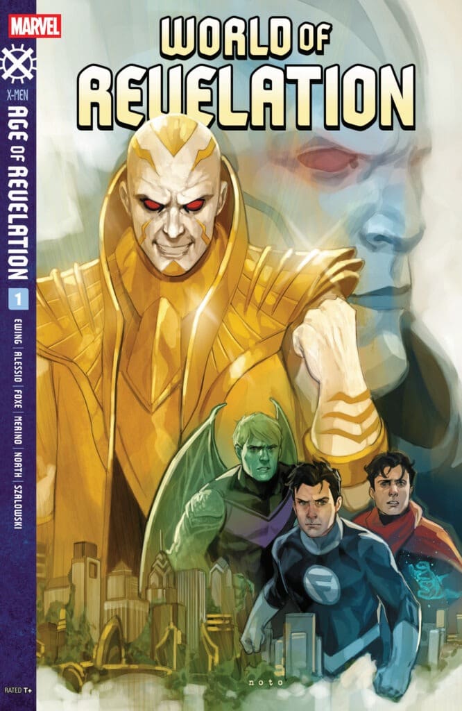 Apocalypse towers above Hulkling, Wiccan, and Reed Richards on the cover of World of Revelation #1