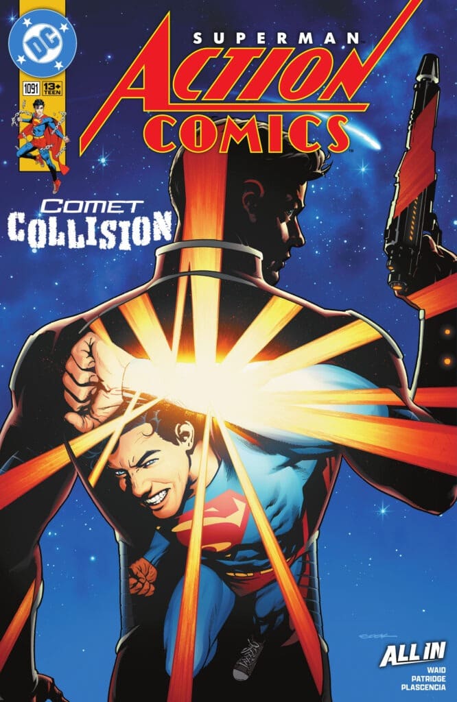 Superman bursts through a cosmic figure on the cover of Action Comics #1091