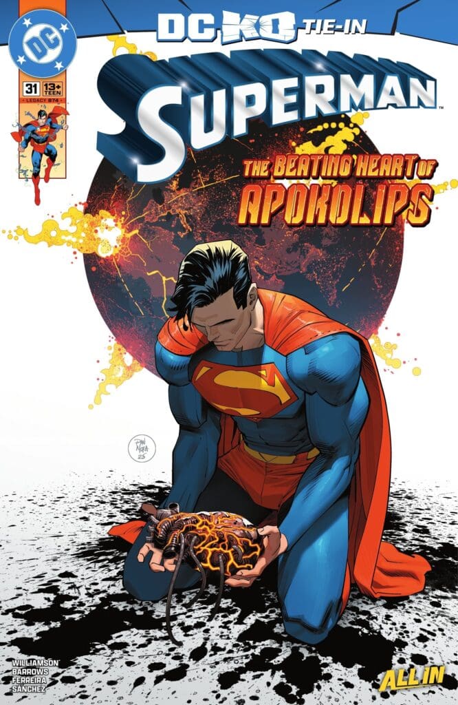 Superman #31 kneels with the Apokolips heart in hand