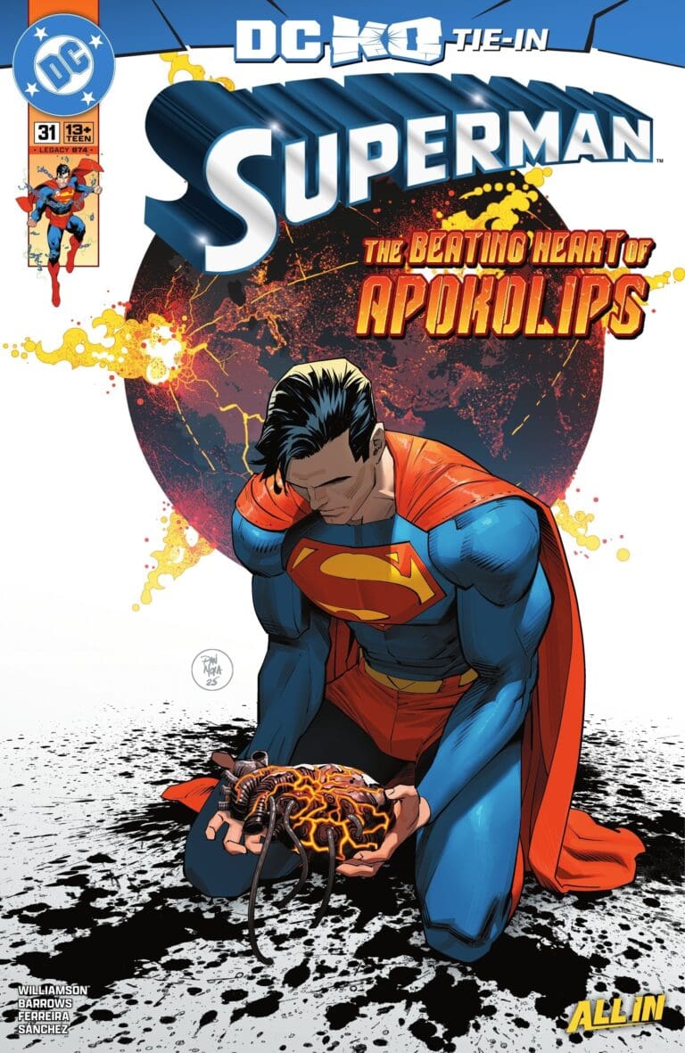 Superman #31 kneels with the Apokolips heart in hand