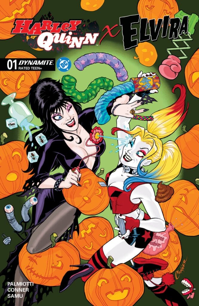 Harley Quinn X Elvira #1 cover showing playful pumpkin fight