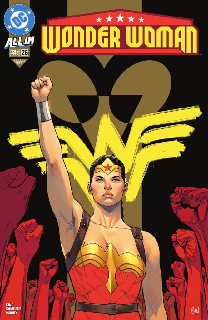 Wonder Woman #26 stands tall with fist raised up