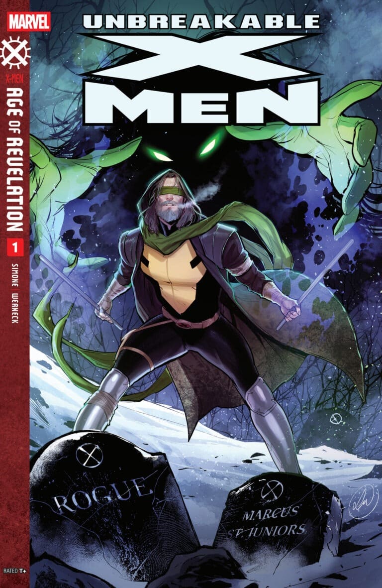 Unbreakable X-Men #1 cover shows Gambit standing over Rogue's grave in snowy ruins