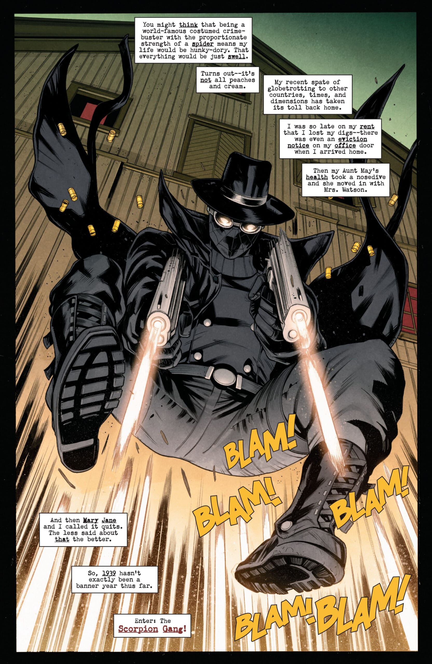 Spider-Man Noir firing guns mid-air with BLAM effects