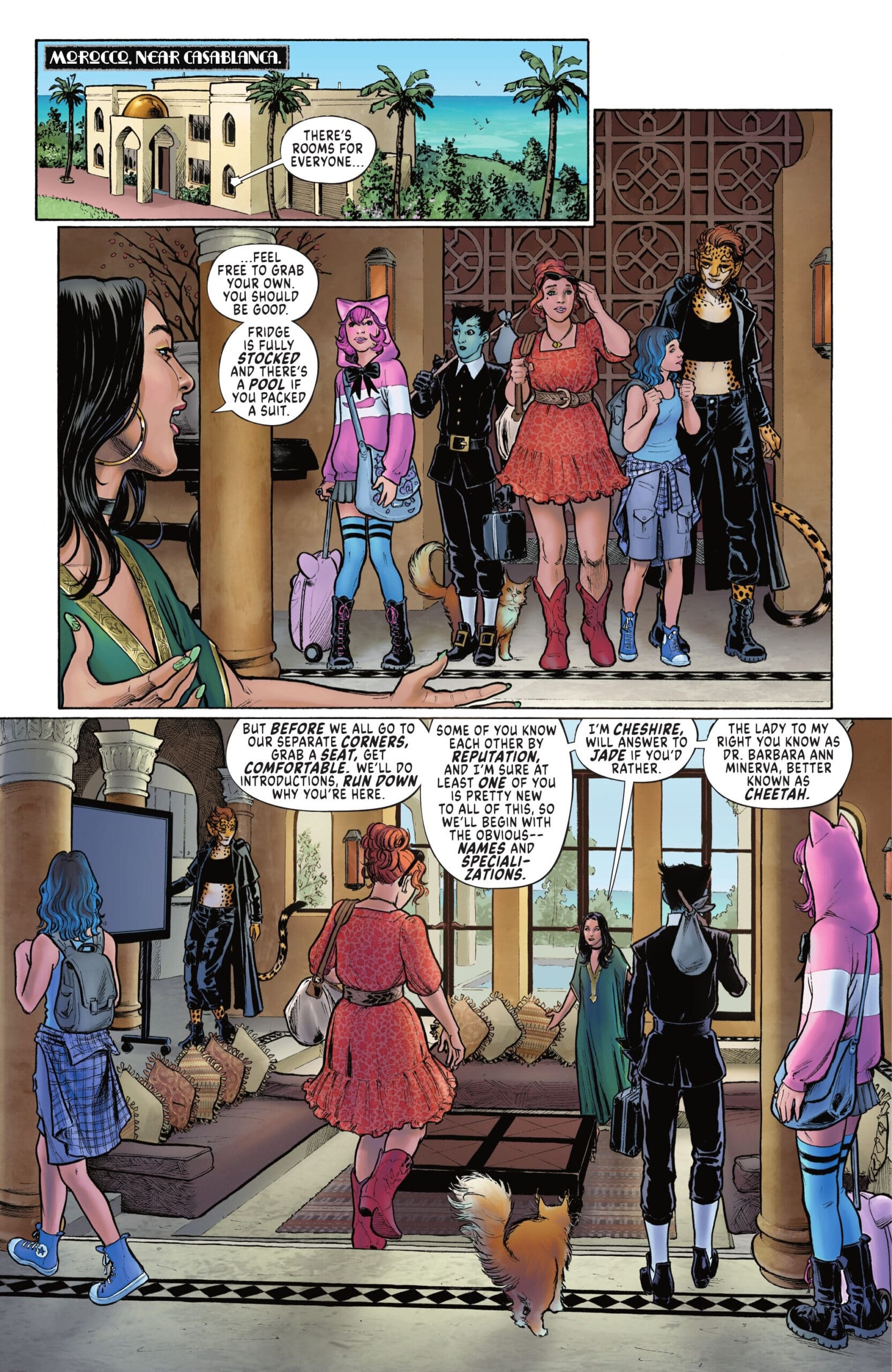 Cheetah and Cheshire meet their team in a Moroccan villa