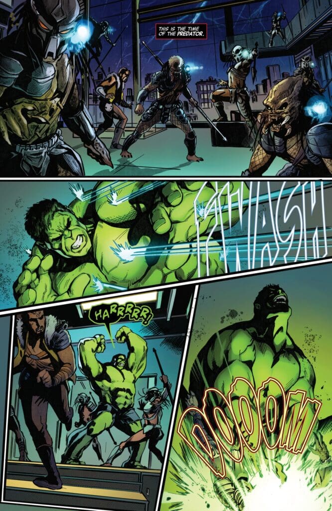 Marvel Universe #3 comic, where Hulk battles Predators in a fierce showdown of strength and destruction