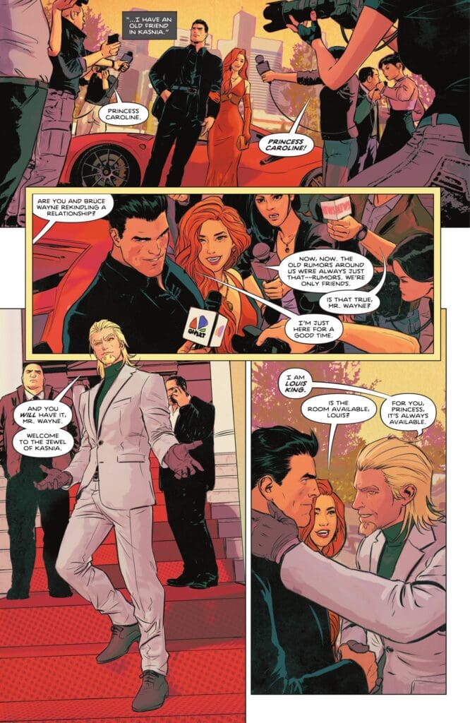 Detective Comics #102 shows Bruce Wayne and Princess Caroline arriving at a gala