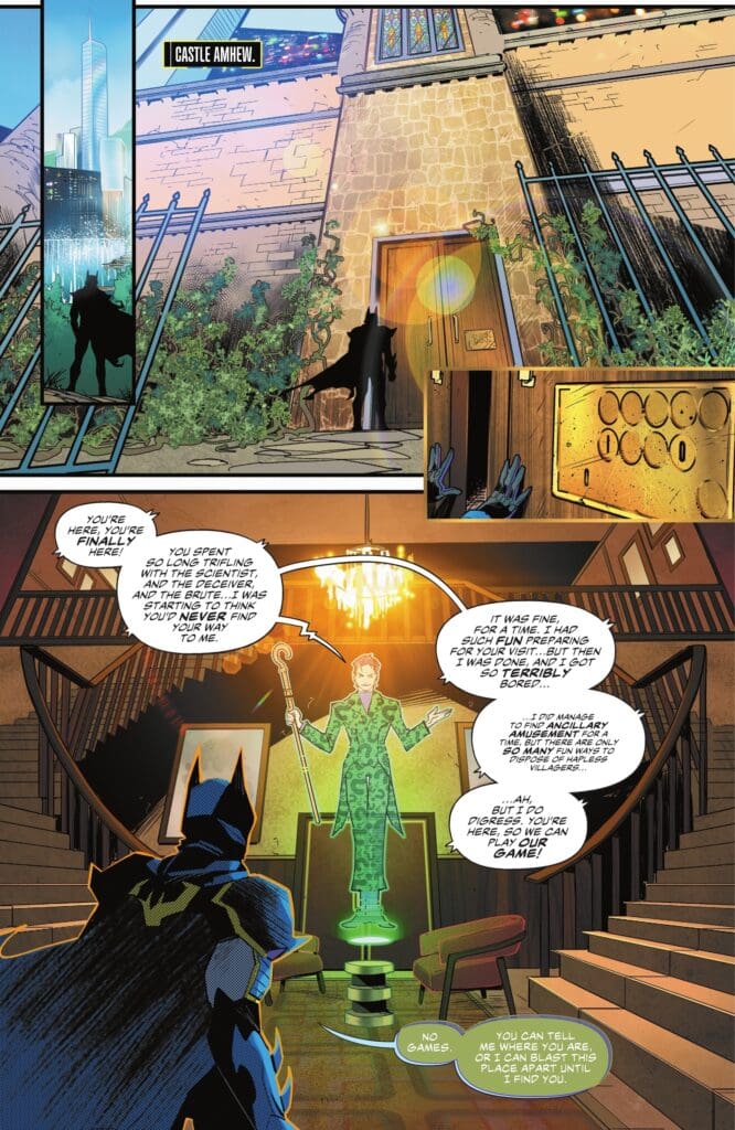 Immortal Legend Batman #3 comic with Batman facing the Riddler’s hologram at Castle Amhew