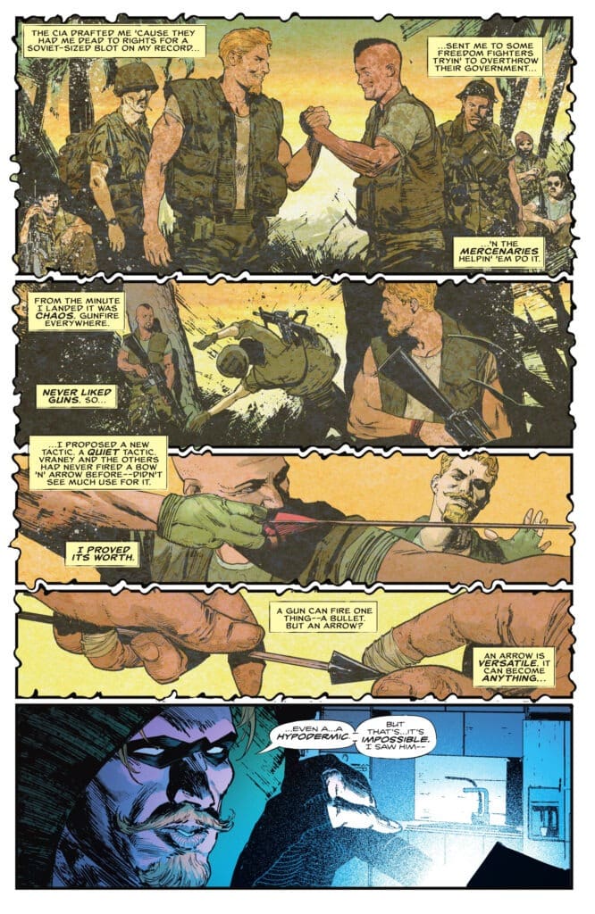 Green Arrow #29 panels showing Oliver Queen using his bow in a chaotic battlefield scene