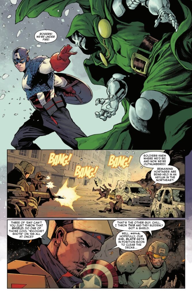 Captain America #4 panel shows Doom and Rogers under enemy fire