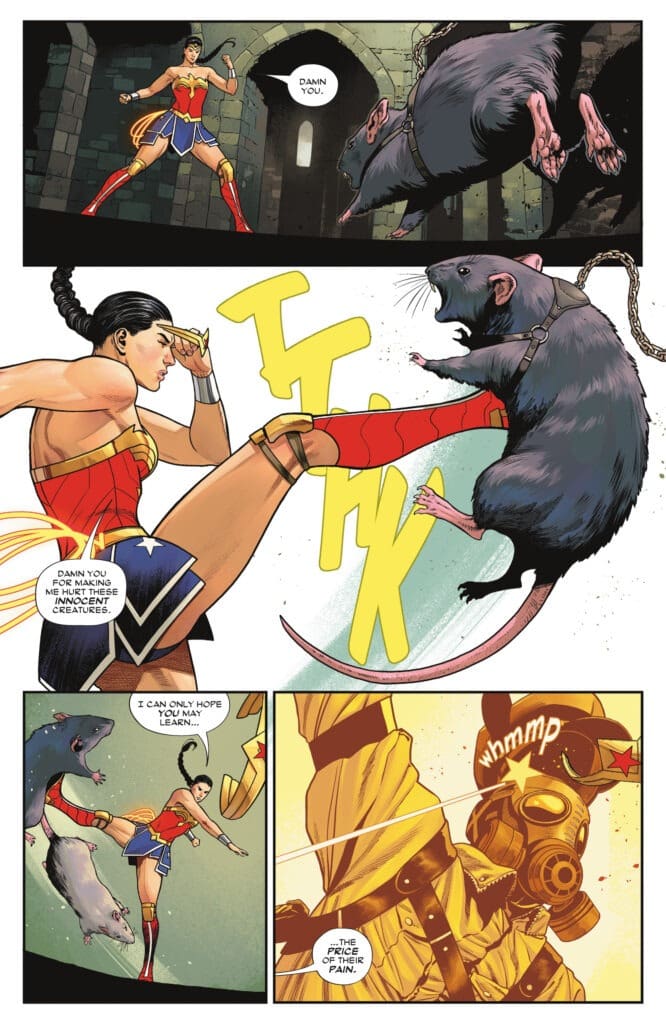 Wonder Woman #26 comic showing Wonder Woman fighting giant rats and confronting her masked foe