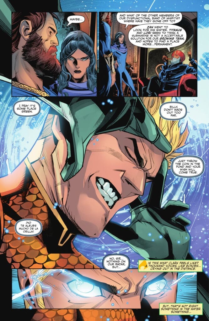 Aquaman takes a tense call as water swirls and his eyes glow