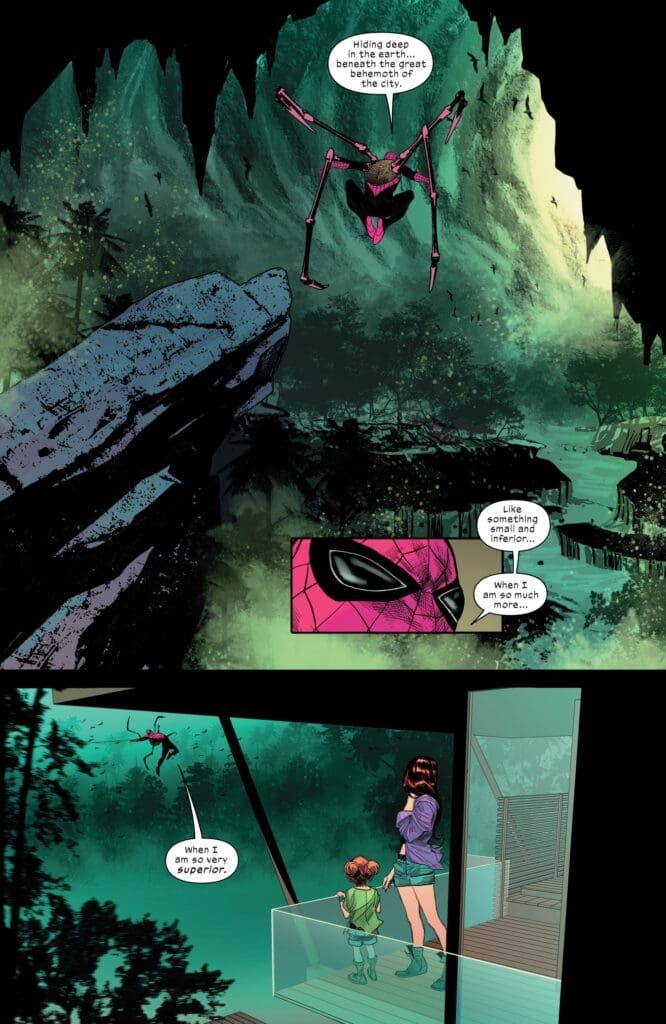 Spider-Man #22 comic showing him hiding underground, declaring superiority