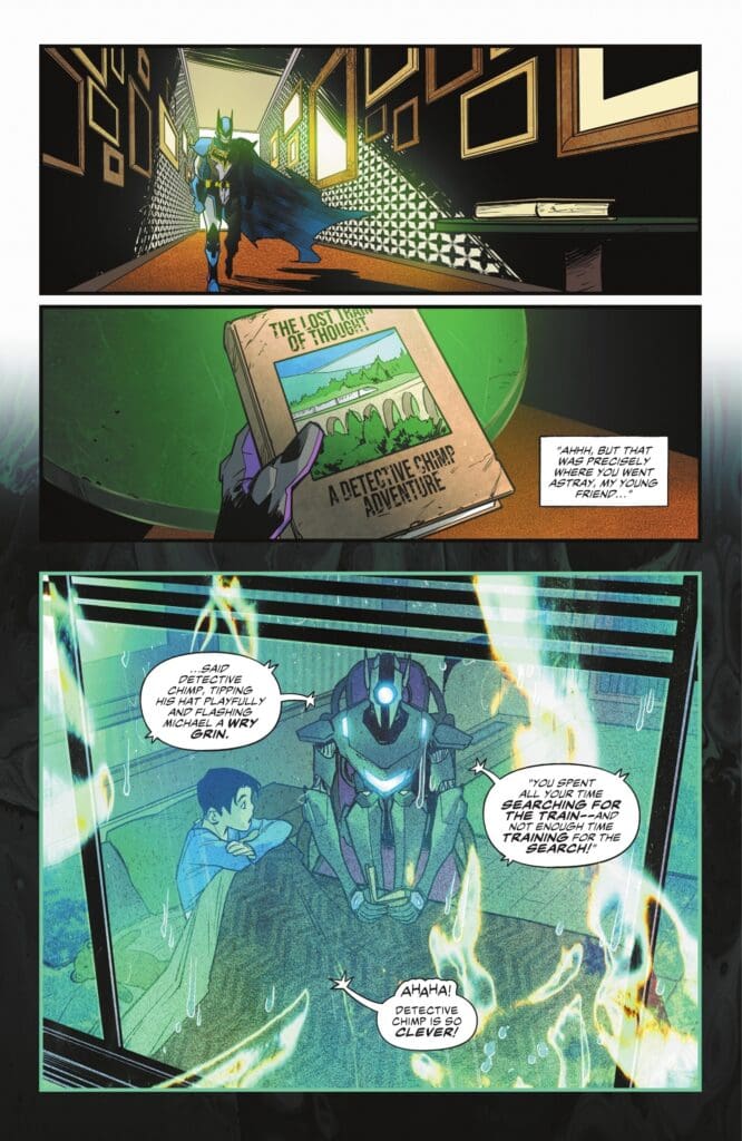 Detective Chimp reads a mystical book to Michael in Immortal Legend Batman #3