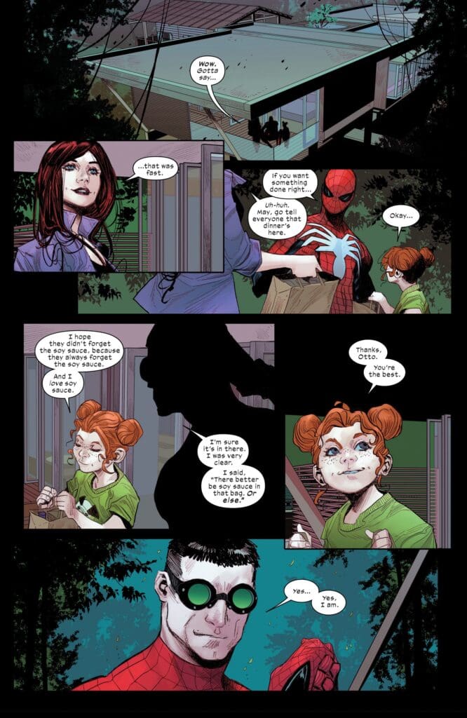 Spider-Man delivers dinner while May and a girl check the soy sauce