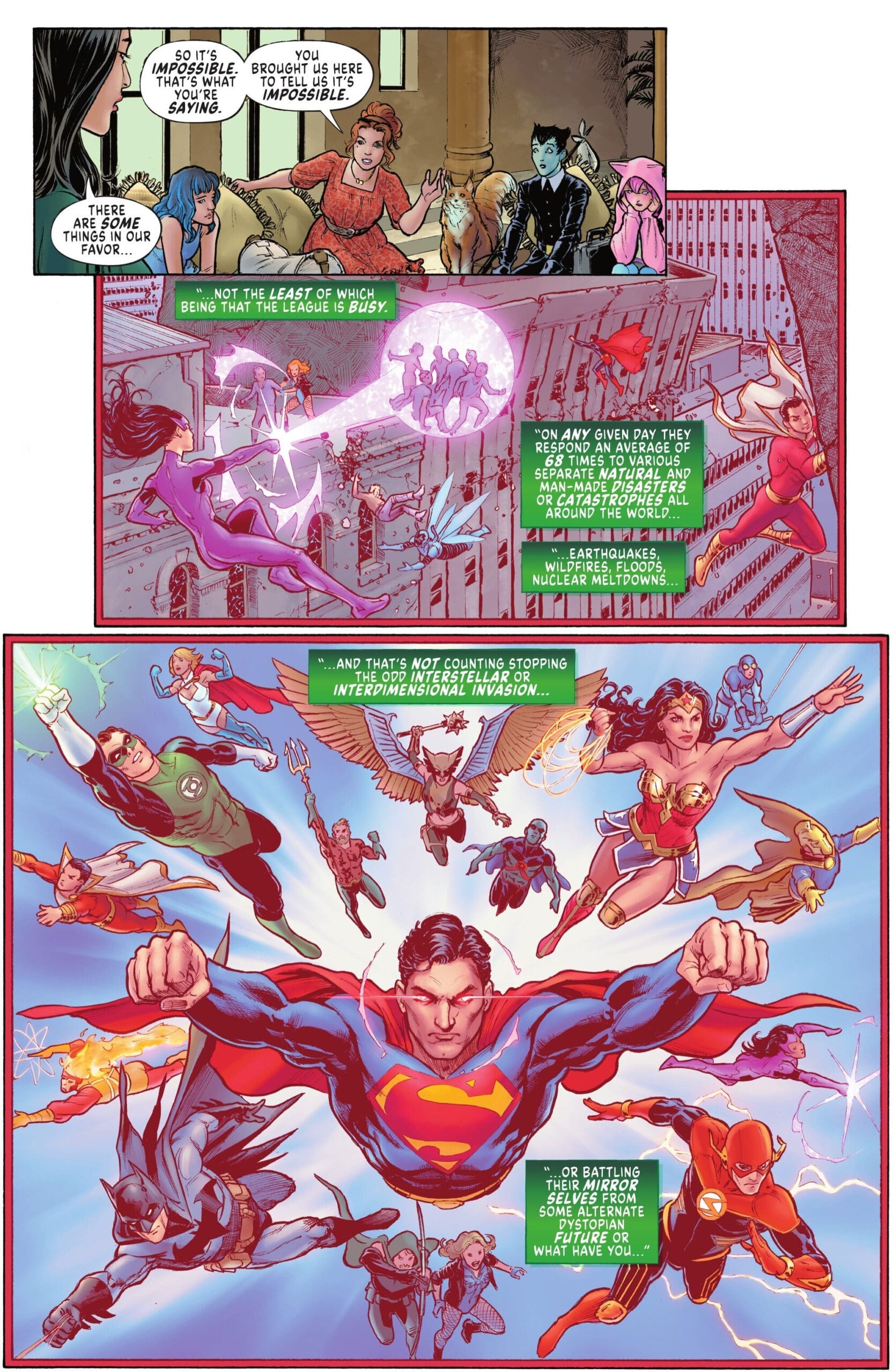 Superman leads the Justice League flying into action