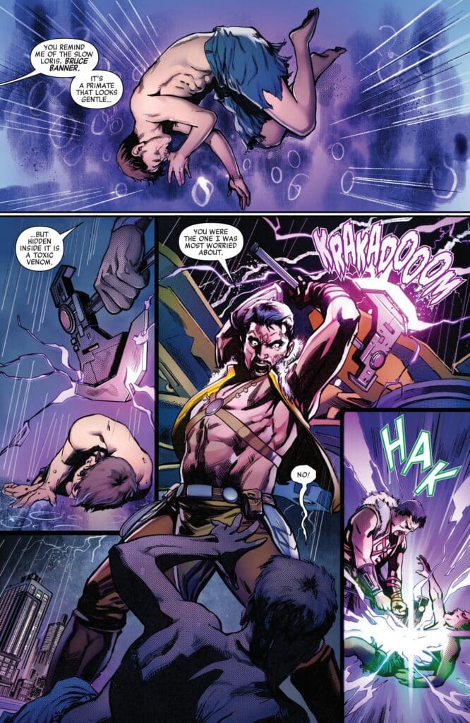 Marvel Universe #3 shows Bruce Banner attacked as a villain unleashes toxic power and lightning strikes