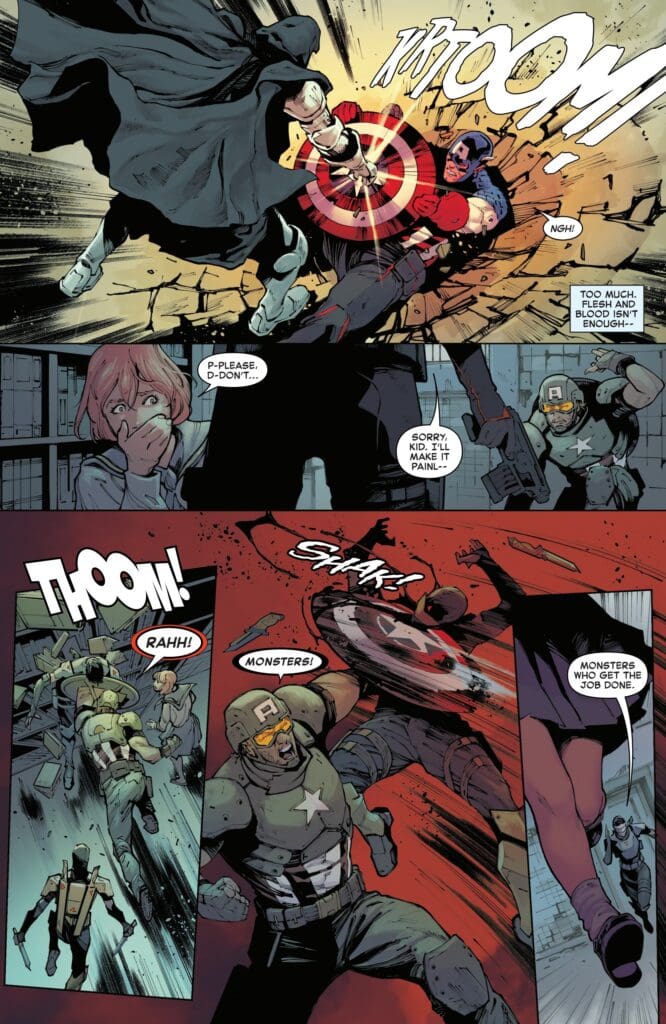 Captain America #4 shows Cap ambushed by brutal soldiers known as monsters
