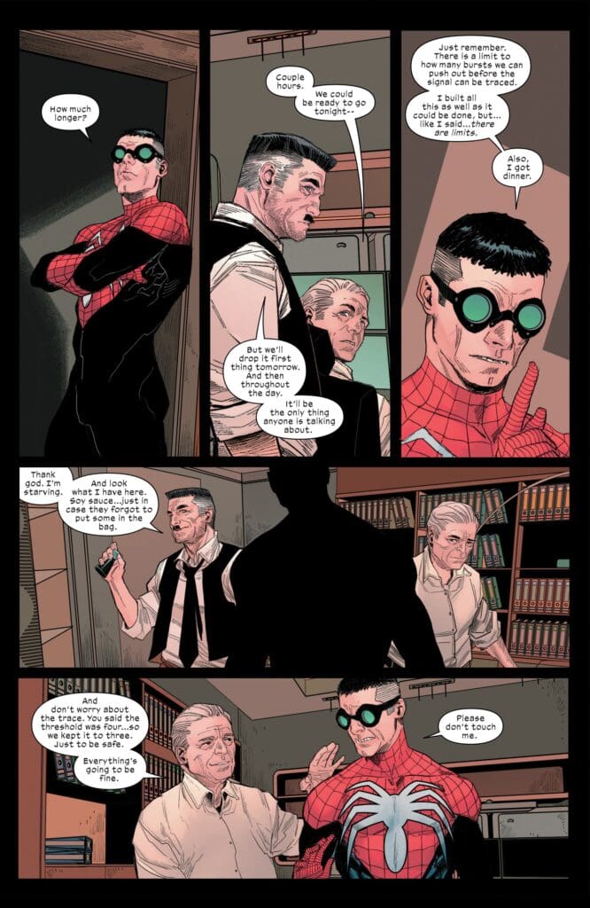 Spider-Man #22 shows the black-suited hero picking up a delivery and confirming safety instructions