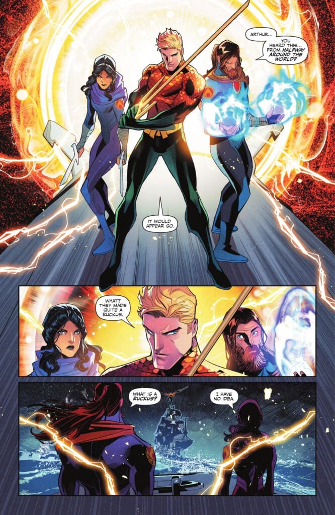 Trio of heroes faces forward as energy flares behind them