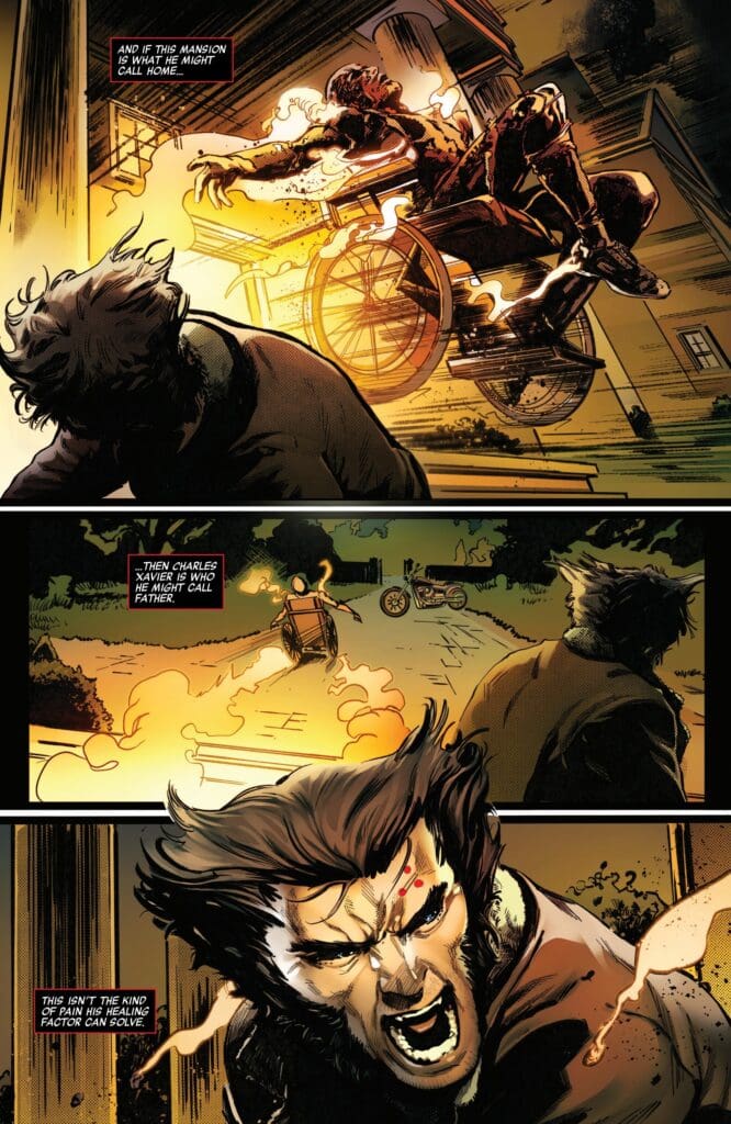 Marvel Universe #3 shows a flaming wheelchair attack as Wolverine reacts in pain