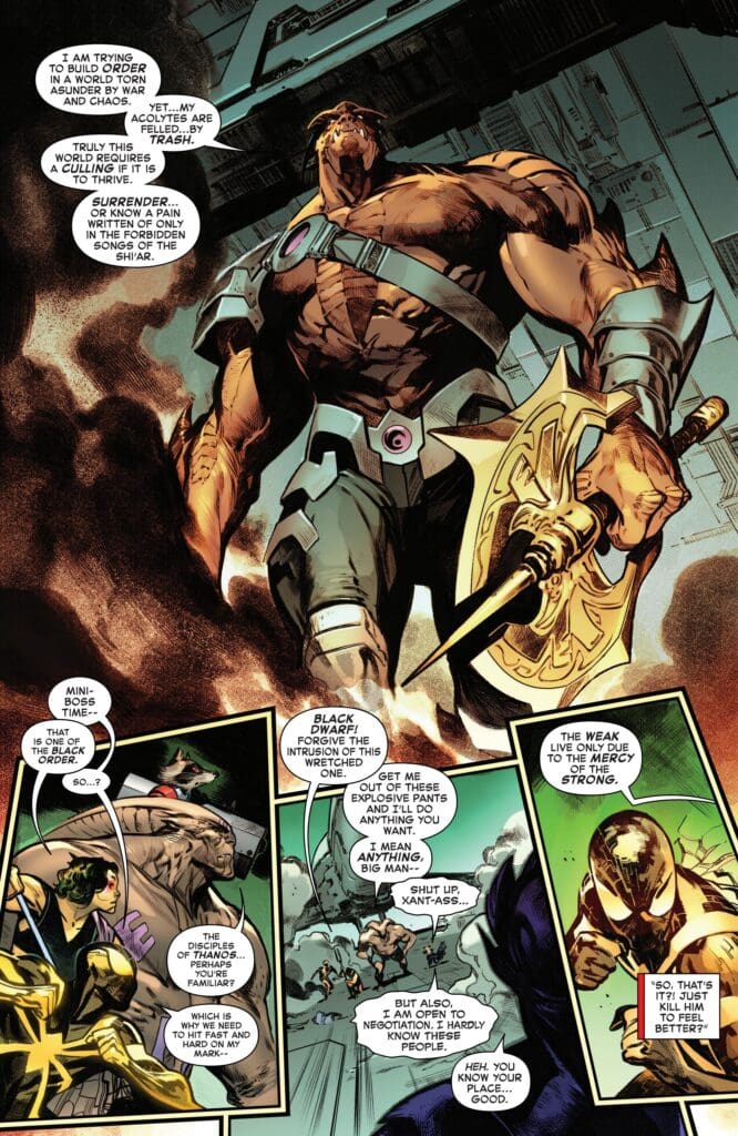 A powerful armored warrior confronting Spider-Man’s team