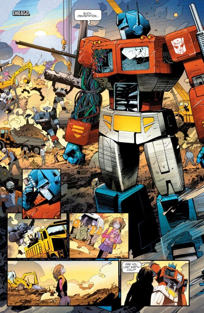 Transformers #25 Optimus Prime wounded amid a battle destruction scene
