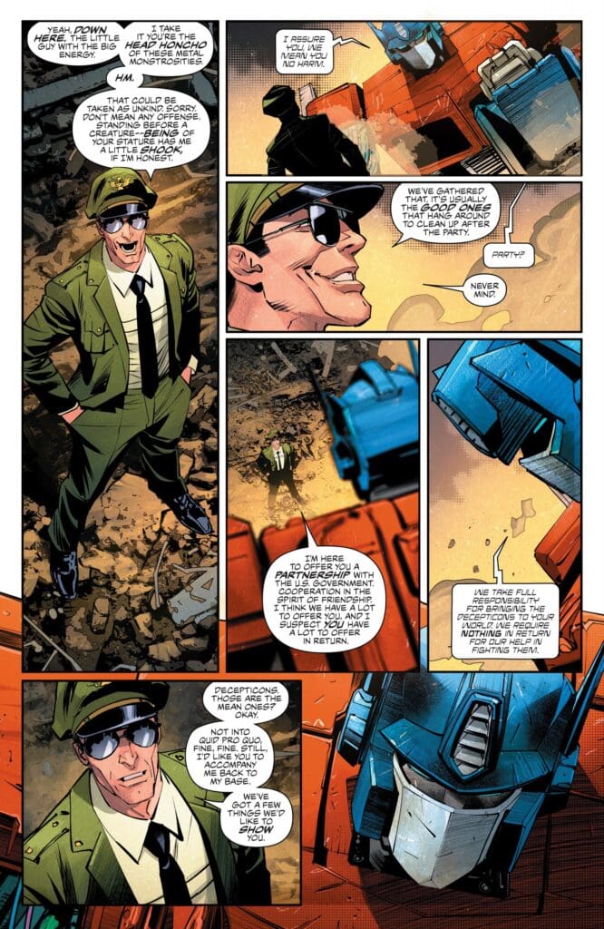 In Transformers #25, a military officer confronts a wounded Optimus Prime
