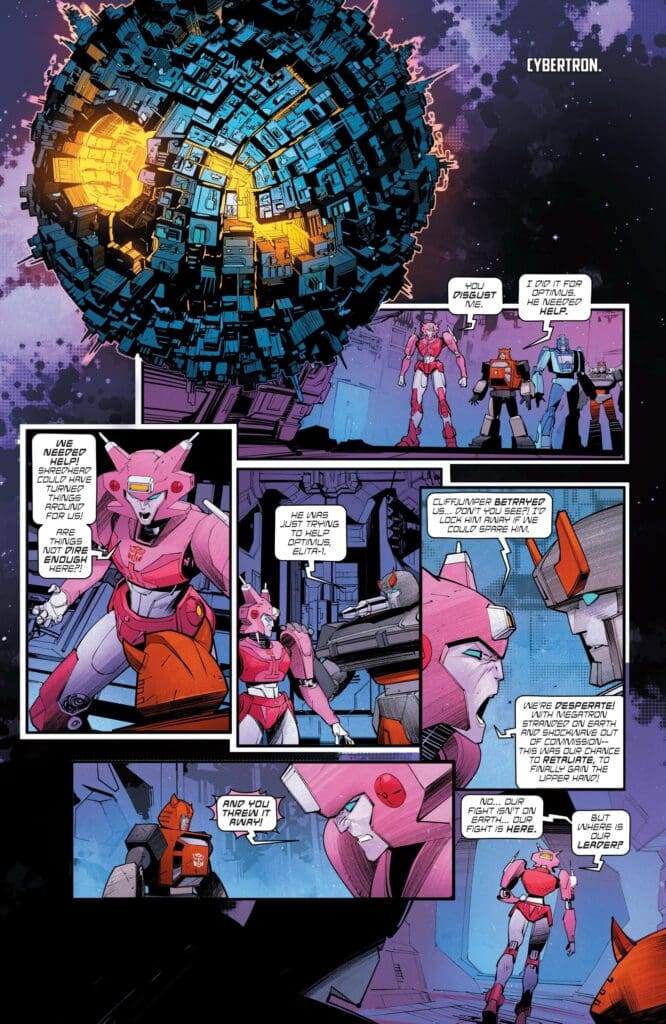 Cybertron scene from Transformers #25 featuring Autobots in dialogue