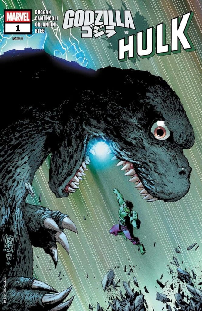Godzilla Vs Hulk Marvel comic cover with Godzilla attacking Hulk