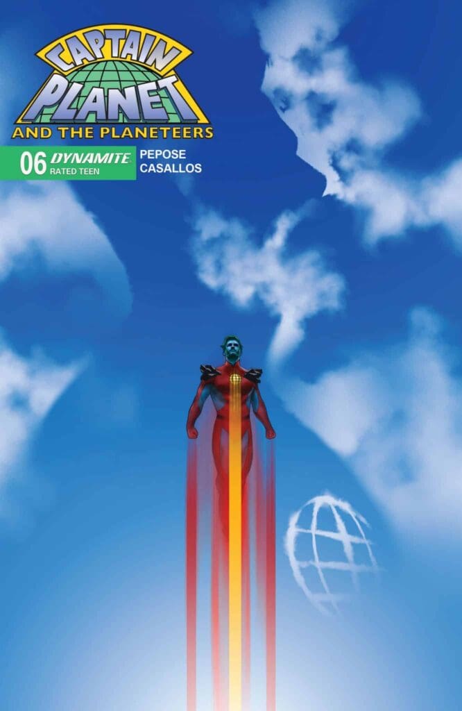 Captain Planet rising through bright blue skies