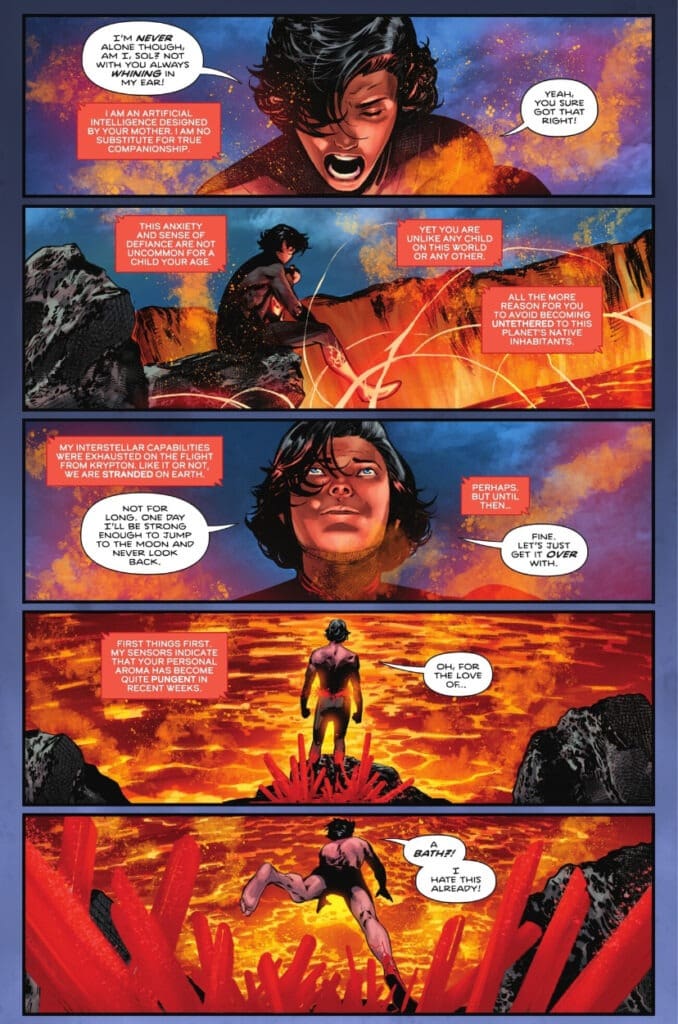 Superman stands in lava, facing inner struggle and conversation with AI