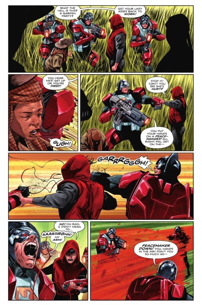 Hooded fighter ambushes armored soldiers in comic battle scene