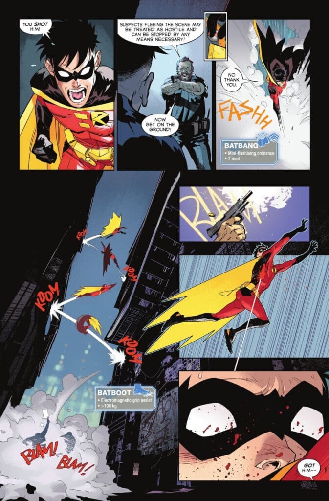 Robin fights back with a Batbang and escapes gunfire in Batman #2