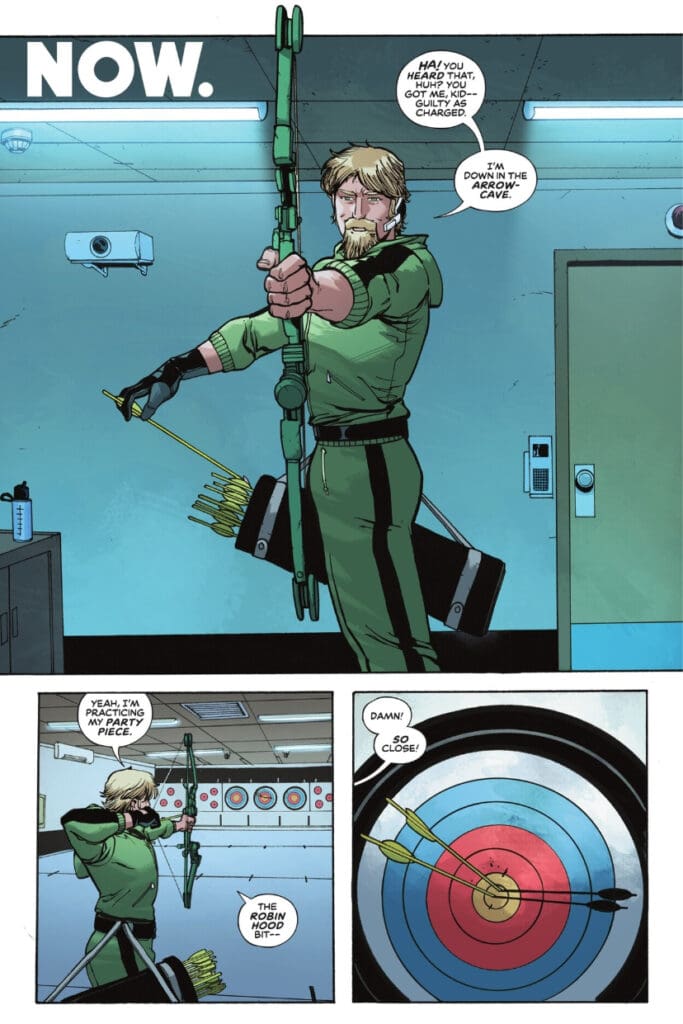 Archer practicing shooting near the bullseye