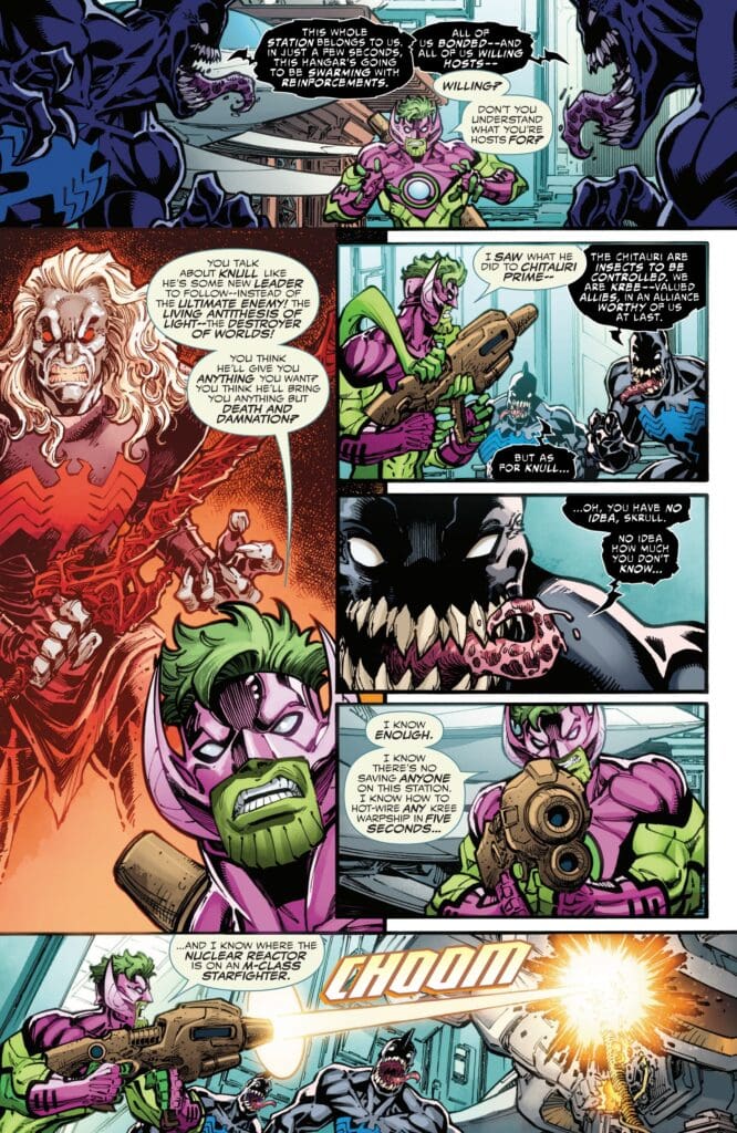 A Skrull soldier facing symbiote attackers