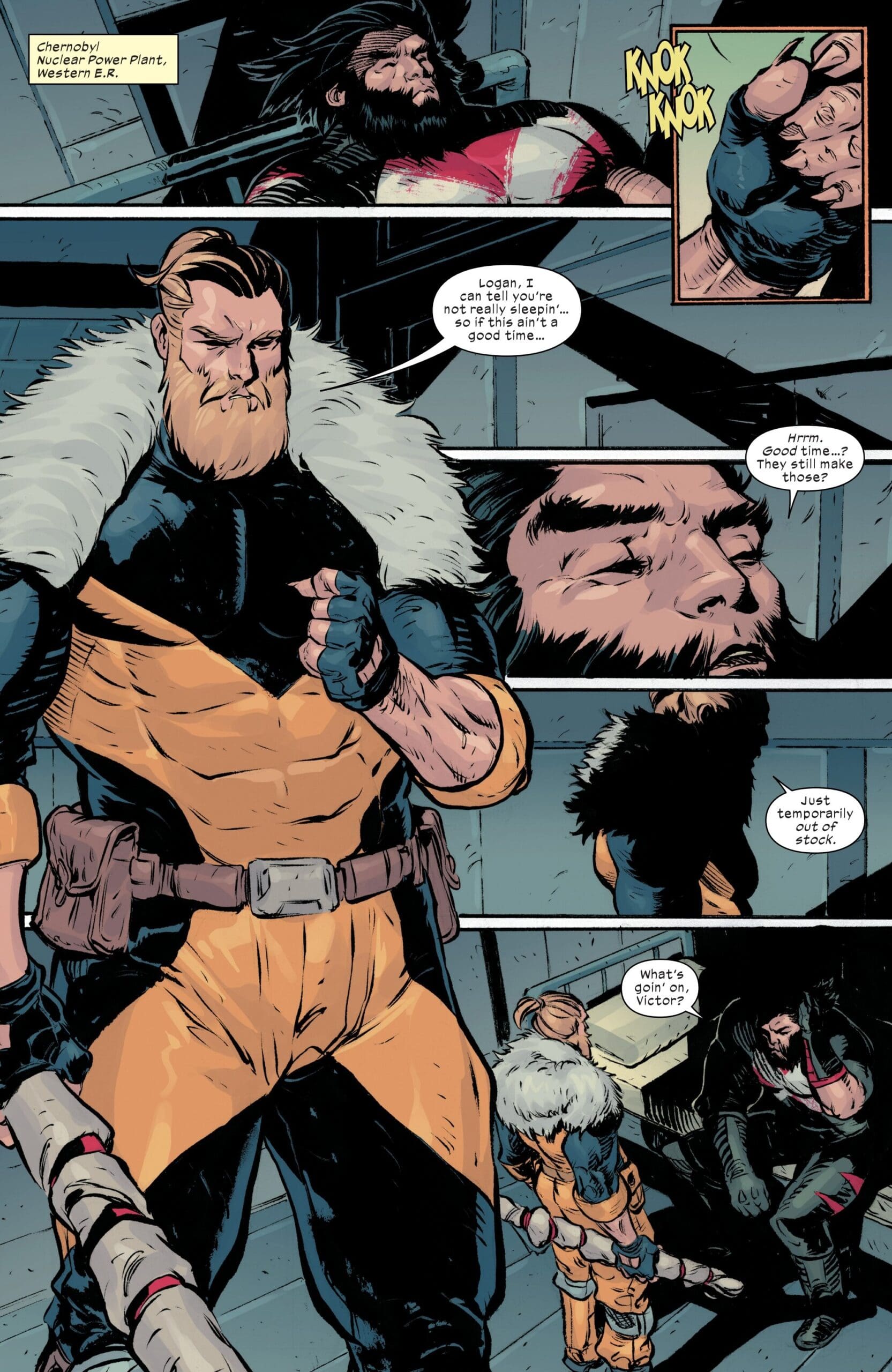 Wolverine talks with Kraven in Marvel comic scene