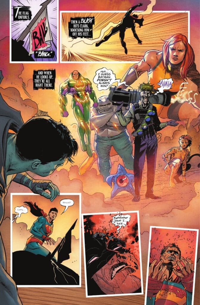 Superman watches heroes and villains clash in battle