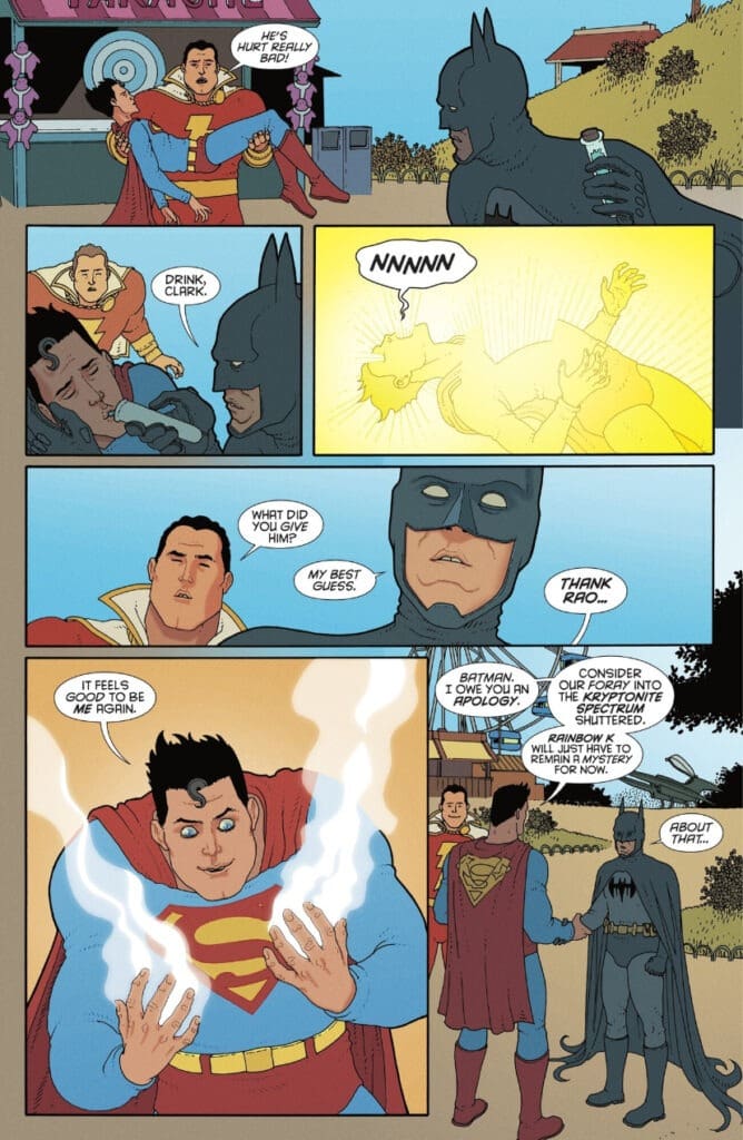 Superman regaining his powers with Batman helping
