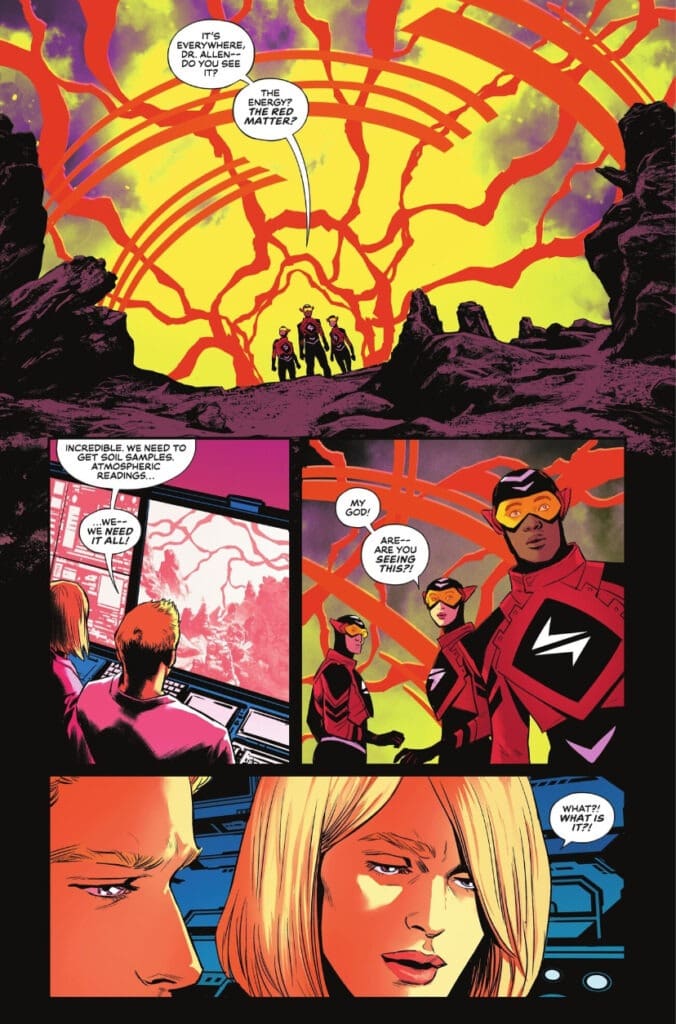 Heroes investigate glowing red matter pulsing through the sky