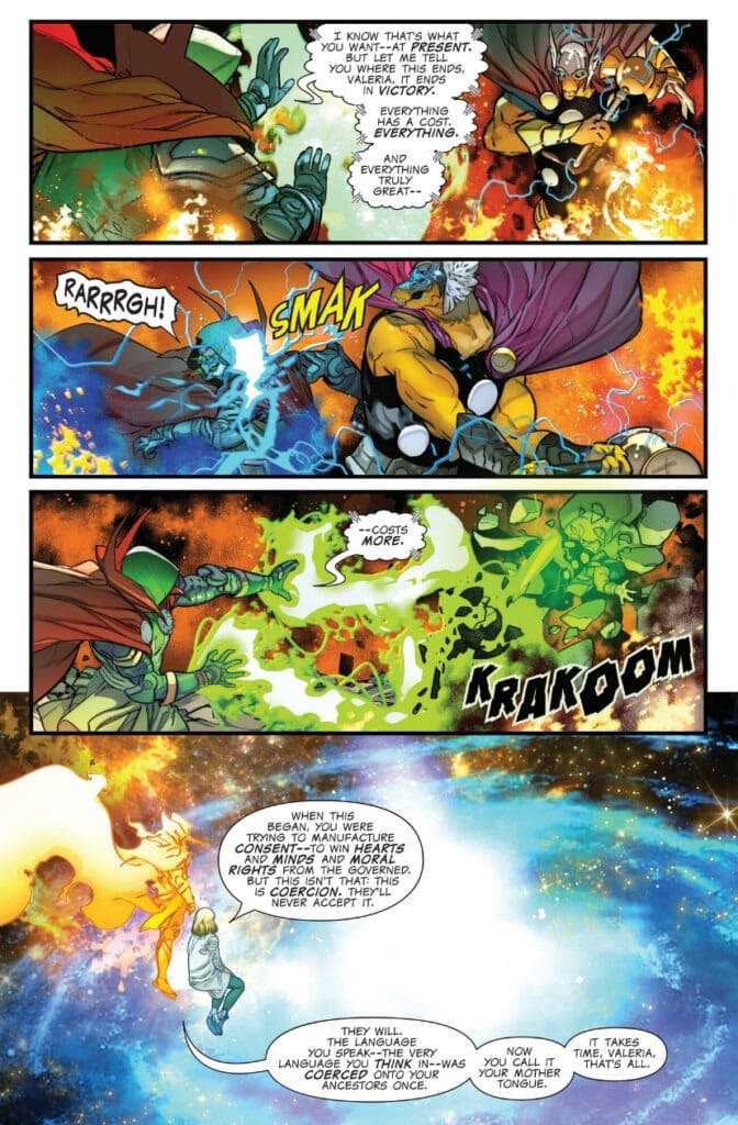 Doom battles Thor and skeletal foe as cosmic beings watch in One World Under Doom #8